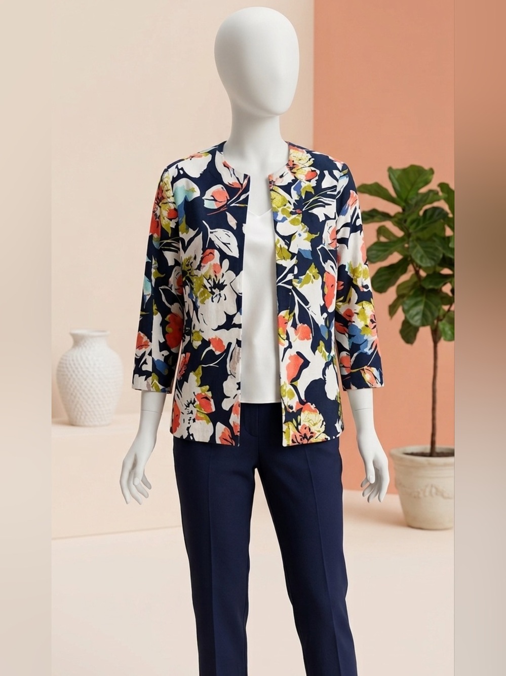 Alfred Dunner Floral Cotton Open Jacket Size 16